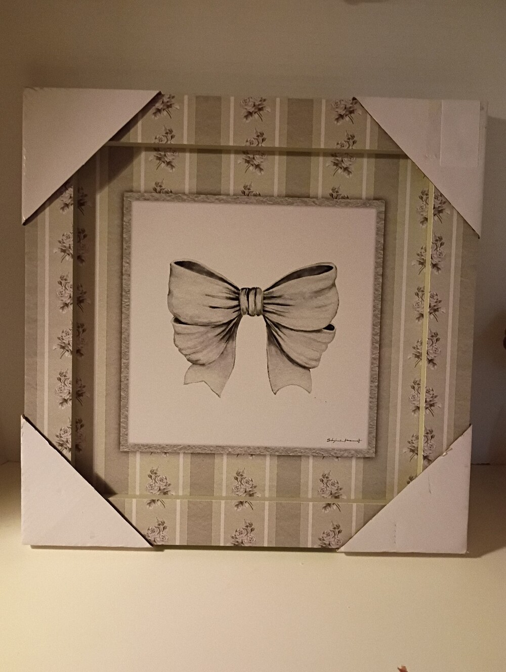 Green Bow Floral Striped Framed Wall Art, Coquette Style Decor (12"x12")